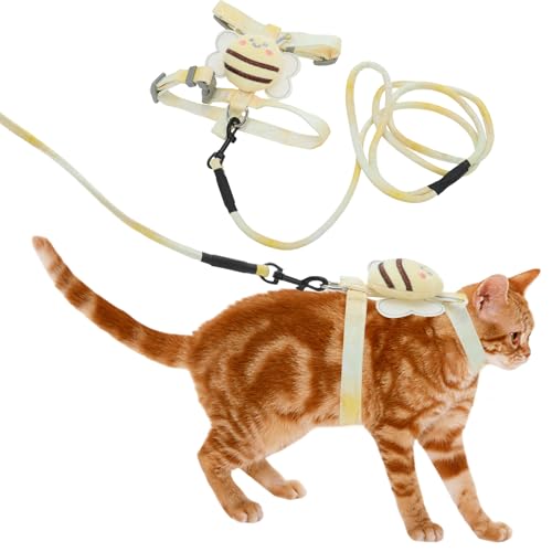 CAPASTEC Katzengeschirr und Leine Set,Brustgeschirr Ausbruchsicheres Katzengeschirr für große und kleine Katzen, Bienenmuster Haustiergeschirr für Reisen und Spaziergänge, Mittel, Gelb von CAPASTEC