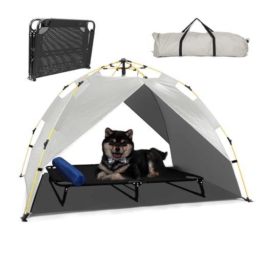 CAREDPETS Erhöhtes Hundebett mit Baldachin, Zelt und Nackenrolle, vollständig montiert, tragbar, für drinnen und draußen, Kaufestigkeit, für Reisen, Camping, kühlendes Haustierbett für kleine, von CAREDPETS