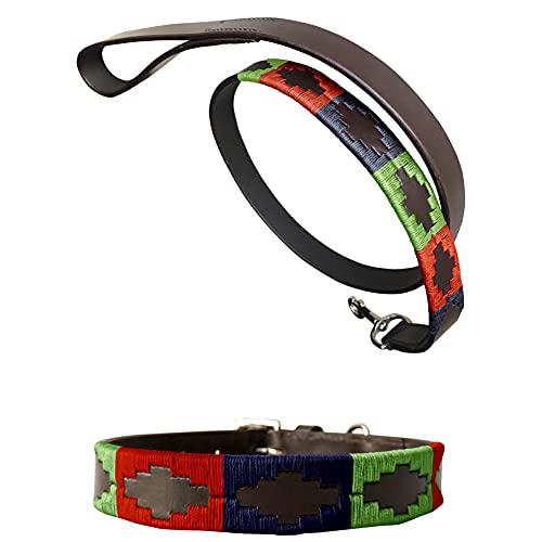 CARLOS DIAZ Echtleder gewachstes gesticktes Polo-Hundehalsband + passende Leine M von CARLOS DIAZ
