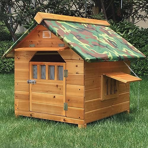Hundehütte aus Holz mit Türen und Fenstern, atmungsaktiv und warm, abnehmbare Bodenplatte, leicht zu reinigen, große Hundehütte für Haustiere und Hundesachen im Außenbereich (M) von CASEGO