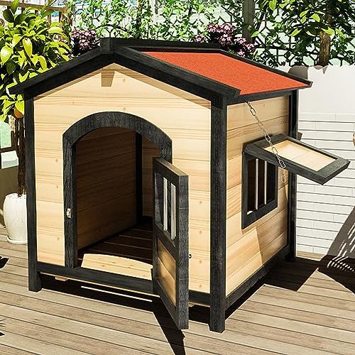 Hundehütte aus Massivholz mit Sonnenblende mit Türen und Fenstern, leicht zu reinigen und zu installieren, einfaches Hundehaus für den Innen- und Außenbereich (Log-Farbe L) von CASEGO