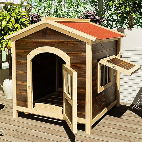 Hundehütte aus Massivholz mit Sonnenblende mit Türen und Fenstern, leicht zu reinigen und zu installieren, einfaches Hundehaus für den Innen- und Außenbereich (karbonisierte Farbe L) von CASEGO
