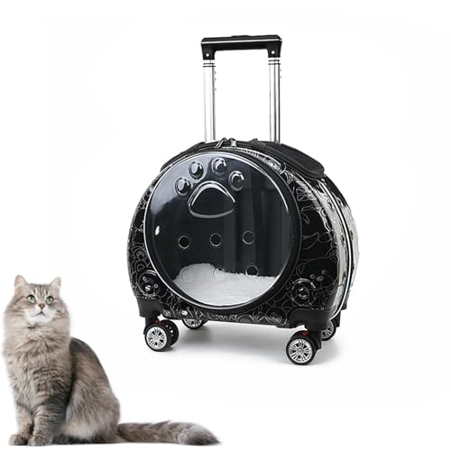 Katzenrucksack mit Rollen – Transparente & Atmungsaktive Transporttasche für Katzen, Abnehmbare Rollen & Belüftungslöcher, Mit Waschbarem Kissen(Black) von CASOME