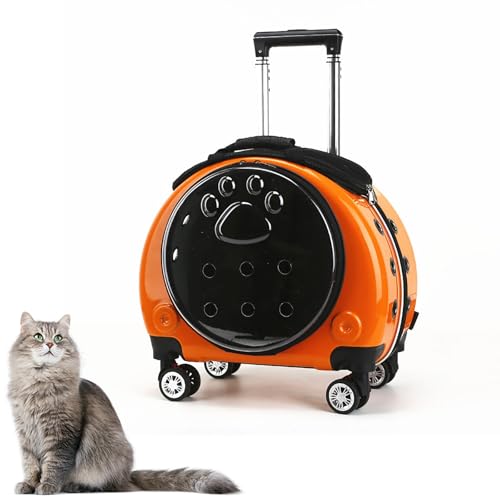 Katzenrucksack mit Rollen – Transparente & Atmungsaktive Transporttasche für Katzen, Abnehmbare Rollen & Belüftungslöcher, Mit Waschbarem Kissen(Orange) von CASOME