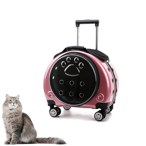 Katzenrucksack mit Rollen – Transparente & Atmungsaktive Transporttasche für Katzen, Abnehmbare Rollen & Belüftungslöcher, Mit Waschbarem Kissen(Pink) von CASOME