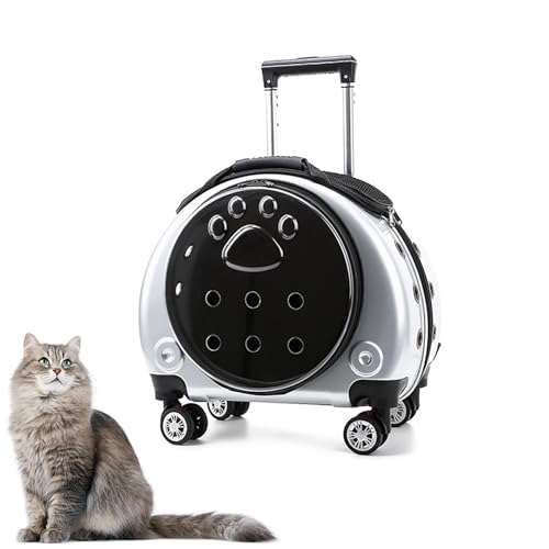 Katzenrucksack mit Rollen – Transparente & Atmungsaktive Transporttasche für Katzen, Abnehmbare Rollen & Belüftungslöcher, Mit Waschbarem Kissen(Silver) von CASOME