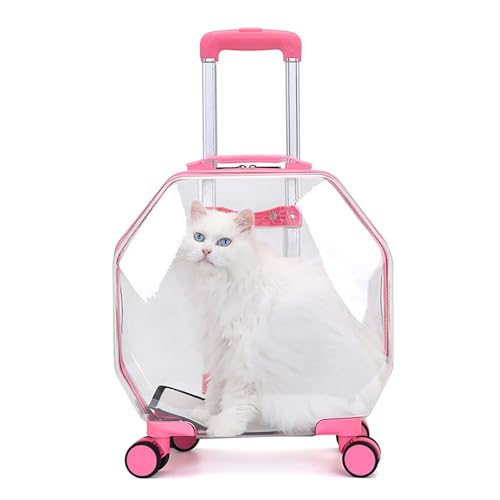 Transportbox Für Haustiere Mit Rädern – Rollbare, Transparente Hartschalen-Reisebox Für Katzen Und Kleine Hunde, Geräumiger, Tragbarer Haustierkoffer Mit 360°-Rädern Und Teleskopgriff(Pink) von CASOME