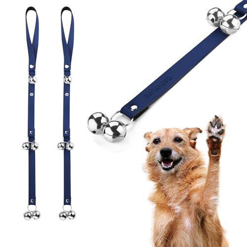 CATHYLIFE Hunde-Türklingel aus Leder, für Türknauf, Töpfchentraining, zum Ausgehen, Längenverstellung, Kupfer-Hundeglocke, zum Aufhängen, blaues Leder, silberfarbene Glocken – 2 Stück von CATHYLIFE