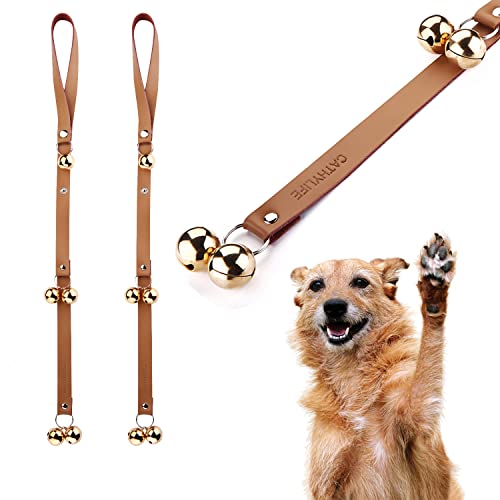 CATHYLIFE Hunde-Türklingel aus Leder, für Türknauf, Töpfchentraining, zum Ausgehen, Längenverstellung, Kupfer-Hundeglocke, zum Aufhängen, braune goldene Glöckchen aus Leder, 2 Stück von CATHYLIFE