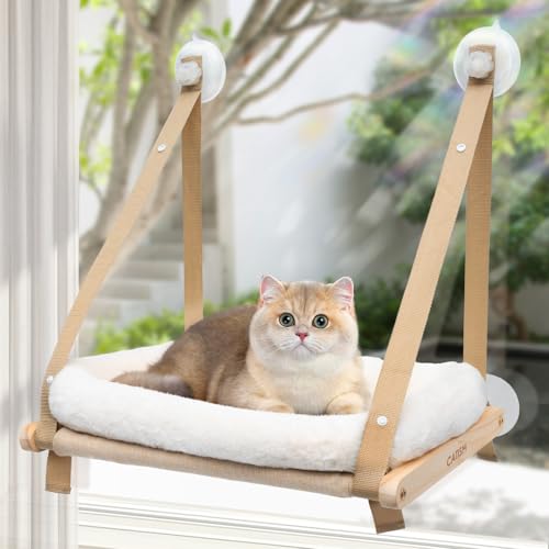 CATISM Faltbare Katzen Fensterliege mit Kissen bis 20 kg, Katzenhängematte Fenstersitz, Katzenfensterhängematten Bett für Indoor Katzen, Große Katzen Sitzstange mit Stabilen Saugnapf (50 x 38 cm) von CATISM