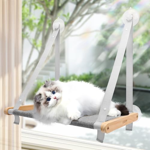 CATISM Faltbare Katzen Hängematte bis 20 kg, Verstärkte Katzen Hängematte mit Starkem Saugnapf, Waschbarer, Atmungsaktiver Stoff, Fensterbankhalterung, Katzenschlafsack (50 x 38 cm), Grau von CATISM