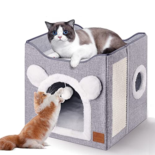 CATISM Faltbares Katzenhaus, 40 x 40 x 35cm Katzenbett 2 Schicht Große Katzenhöhle für Haustier Katze mit Kratzbrett und Flauschige Kugel für kleine mittlere Haustiere Innenruhe von CATISM