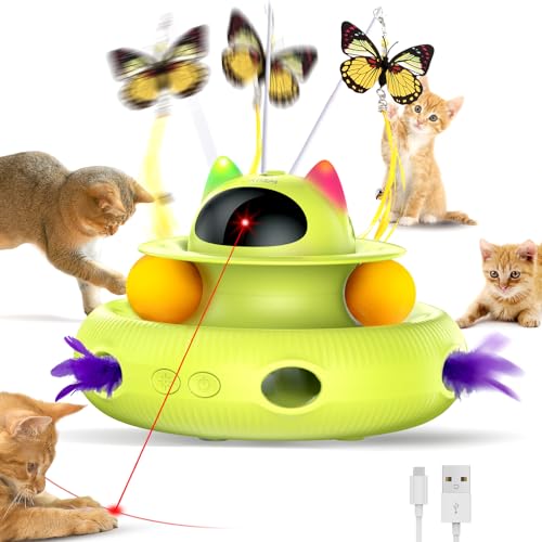 CATISM Interaktives Spielzeug für Katzen, 4 IN 1 Elektrisch Interaktives Katzenspielzeug USB wiederaufladbare Selbstbeschäftigung Automatisch Intelligenzspielzeug mit 5 Federspielzeug 2 Trackball Grün von CATISM