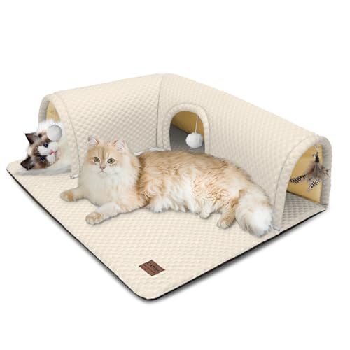 CATISM Katzenbett mit Tunnel - Katzentunnel für Indoor-Katzen, 3-Wege-Anschlüsse, 3 Spielzeuge, Abnehmbarer Teppich, weicher Tunnel, große Höhle, Rutschfester Boden, Teppich, Rohrbett für Kätzchen von CATISM