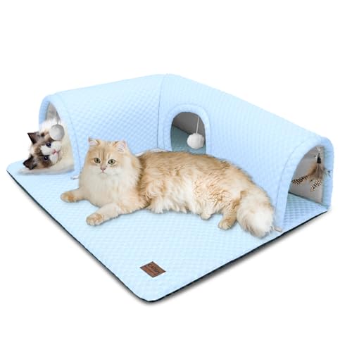 CATISM Katzentunnel mit Kühlende Matte, Katzentunnel Bett Katzenspielzeug TunnelKatzen Cat Tunnel für Indoor 80 * 70cm (blau) von CATISM