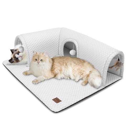 CATISM Katzenbett mit Tunnel - Katzentunnel für Indoor-Katzen, 3-Wege-Anschlüsse, 3 Spielzeuge, Abnehmbarer Teppich, weicher Tunnel, große Höhle, Rutschfester Boden, Teppich, Rohrbett für Kätzchen von CATISM