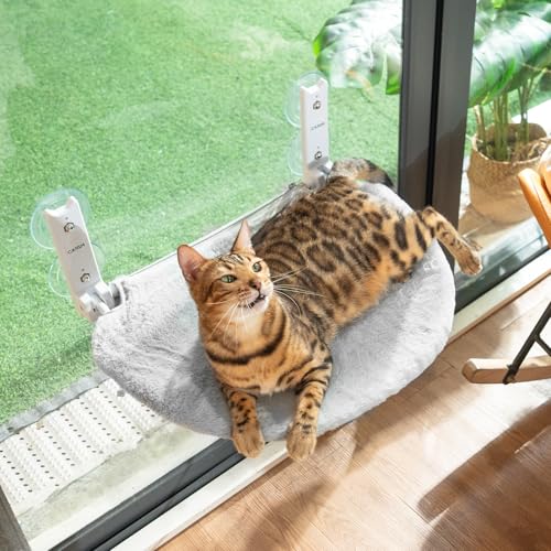 CATISM Katzen Hängematte Fensterplätze für Katzen, 50x36.5cm Klappbar Halbkreisförmig Katzenbett Fenster Katze Fensterliege mit Stabil Saugnäpfe, Grau von CATISM