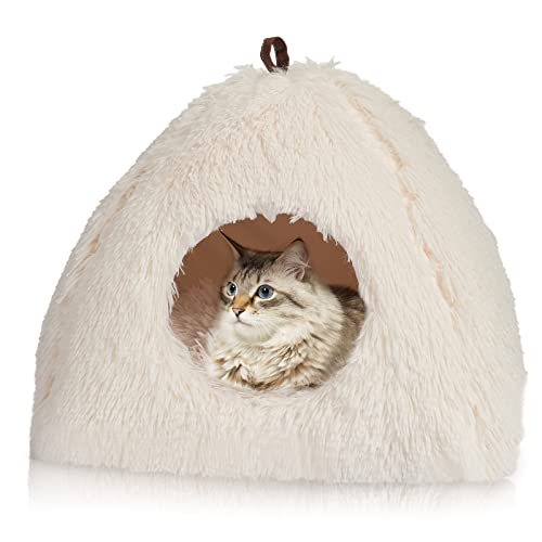 CATISM Katzenhöhle Katzenbett Katzenhaus Kuschelhöhle 40x40cm Faltbar Waschbar Bequemer Katzenschlafplatz für Katzen Kätzchen Welpen mit Abnehmbarem Katzenkopfkissen Beige von CATISM