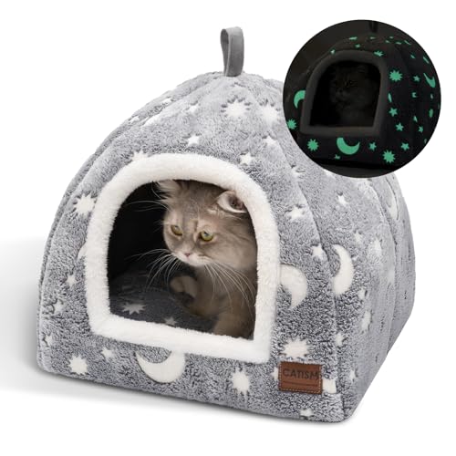 CATISM Katzenhöhle Katzenbett Leuchtend Katzenhaus Kuschelhöhle Faltbar Waschbar Bequemer Katzenschlafplatz für Katzen Kätzchen Welpen mit Abnehmbarem Katzenkopfkissen 40x40x38cm von CATISM