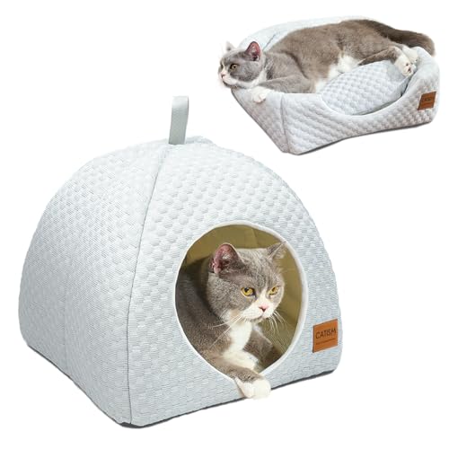 CATISM Katzenhöhle für Indoor-Katzen, 2-in-1 Kühlendes Katzenbett Höhle, Faltbar Katzen Kuschelhöhle mit Waschbar Gepolstertes Kissen, Weiches Katzenhaus für Drinnen, Haustierbett Grau von CATISM