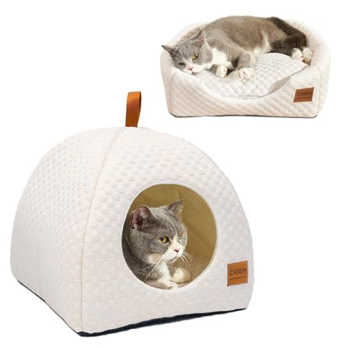 CATISM Katzenhöhle für Indoor-Katzen, 2-in-1 Kühlendes Katzenbett Höhle, Faltbar Katzen Kuschelhöhle mit Waschbar Gepolstertes Kissen, Weiches Katzenhaus für Drinnen, Haustierbett Kaffeebraun von CATISM