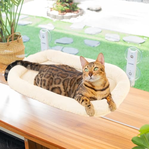 CATISM Klappbar Katzen Hängematte Mit Kissen Bis zu 20kg, 52x30cm Fensterplätze für Katzen, Waschbarer Doppelseitiges Stoffpolster Katze Fensterliege, Fensterbank Katzenliege, Beige von CATISM