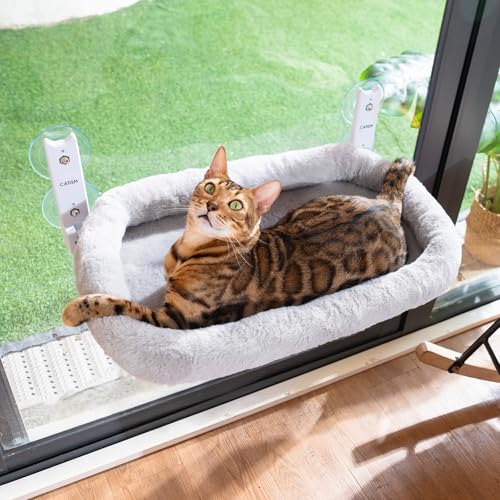 CATISM Klappbar Katzen Hängematte Mit Kissen Bis zu 20kg, 52x30cm Fensterplätze für Katzen, Waschbarer Doppelseitiges Stoffpolster Katze Fensterliege, Fensterbank Katzenliege, Grau von CATISM