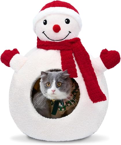 CATISM Weihnachten Katzenhöhle - 42 x 42 x 55 cm Katzenbett für Indoor-Katzen, Niedliche Schneemann Katzenbetten mit Warmen Kissen, Abnehmbare Höhle, Anti-Rutsch-Boden von CATISM