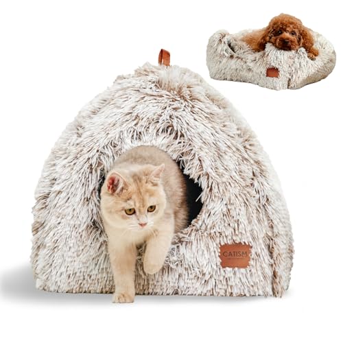 CATISM Katzenhöhle Katzenbett Katzenhaus Kuschelhöhle 45x45cm, 2 in 1 Faltbar Waschbar Bequemer Katzenschlafplatz für Katzen Kätzchen Welpen mit Abnehmbarem Katzenkopfkissen (Kaffee Braun) von CATISM
