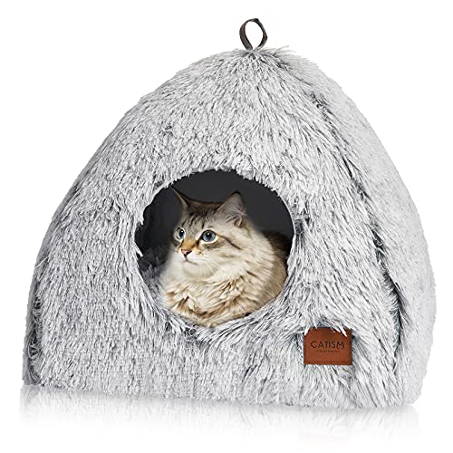 Katzenhöhle Katzenbett Katzenhaus Kuschelhöhle CATISM faltbar waschbar bequemer Katzenschlafplatz für Katzen Kätzchen Welpen mit abnehmbarem Katzenkopfkissen Grau von CATISM