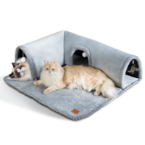 Katzentunnel Katzenbett mit Kissenmatte, Tunnel für Katzen mit Schlafplatz, Katzen Spieltunnel mit abnehmbarem Rohr und hängenden Spielball, Versteckhaus mit Katzenhöhle für Innenruhe 80 * 70cm von CATISM