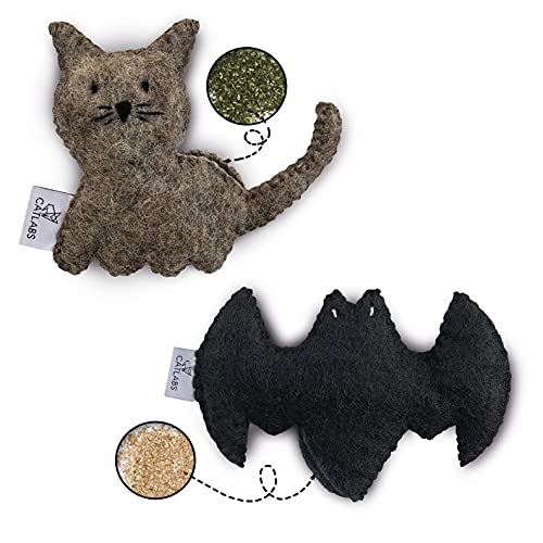 CATLABS nachhaltiges Katzenspielzeug 2er Set 'Kuschelige Katze' und 'Flauschige Fledermaus' mit Katzenminze und Baldrianwurzel | Faire Handarbeit | Natürliche Schafwolle ohne Polyester | Nachfüllbar von CATLABS