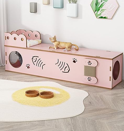 Katzenbett, universell für alle Jahreszeiten, Katzentunnel, Katzenkratzbrett, Katzenspielzeug, Katzennest mit Bohrloch aus massivem Holz, Haustierhaus für kleine Hunde (Pink) von CAULO