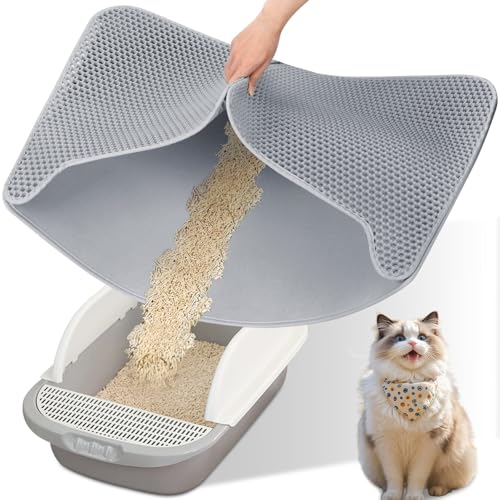CAUTIOUS Katzenklo Matte 90X60cm, Katzenstreu Matte Doppelte Schichte, Katzenstreu Matte Waben und Doppeltür Design, wasserdichte rutschfeste Katzenklo Unterleger Eva Material(grau) von CAUTIOUS