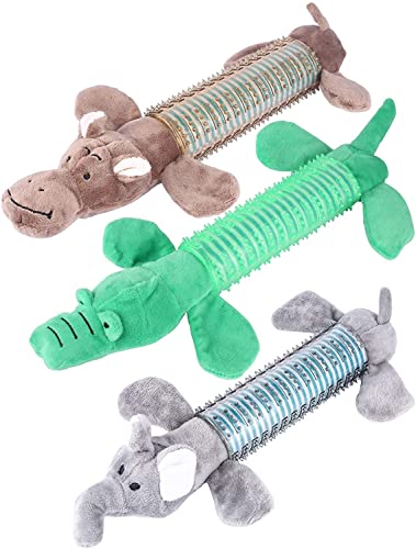 Quietschendes Hunde-Kauspielzeug aus Plüsch, unzerstörbar, robust, langlebig, für kleine und mittelgroße Hunde, natürliches Material, Zahnpflege, Welpenspielzeug (braun, grau und grün) von CCDAY