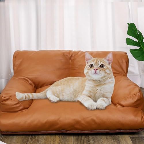 CCUUHJ groß Katzenbett kleines Hundesofa PU und waschbar Katzensofa Hundebett für Katzen, weich Katzenbett katzencouch mit Rutschfester Unterseite 50X40X23CM (Braun) von CCUUHJ