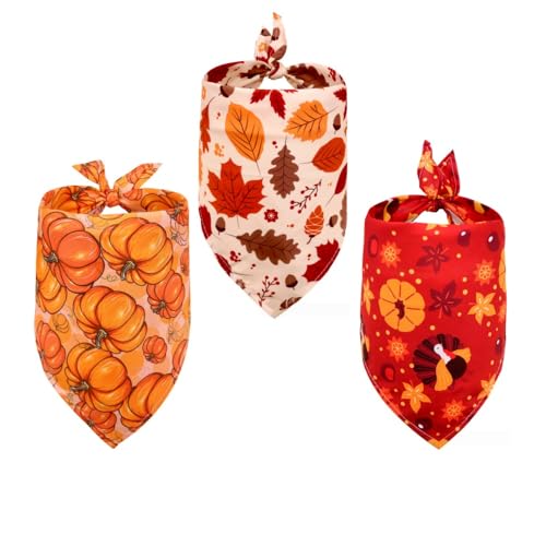Herbst Hunde Bandana Set, Kürbis, Herbstblätter und Thanksgiving Muster, Orange und Rot, 65x42cm, 3 Stück Dreieckstuch für Kleine bis Große Hunde (Mehrfarbig, M) von CCUUHJ