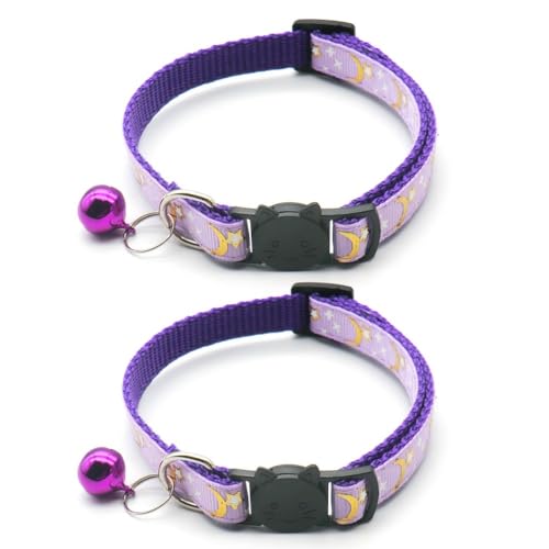Reflektierendes Katzenhalsband mit Glöckchen, 2 Stück, für Mädchen und Jungen, mit Stern, Mond, Patetrn, verstellbar, 19,1 - 32,5 cm, Violett von CCUUHJ
