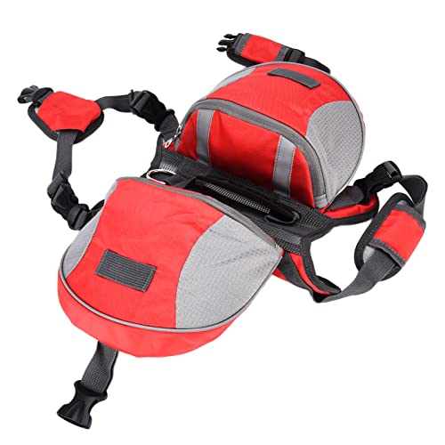 Hunde-Satteltasche – Verstellbarer Nylon-Hunderucksack, Reflektierendes Design – Geschirr-Satteltasche mit Taschen Zum Wandern, Spazierengehen, Training, Laufen, Camping, (Rot) von CDQL