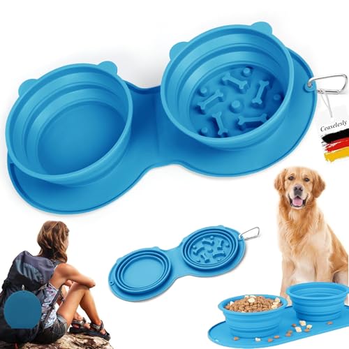 CEASELESLY Langsame FüTterung Hundenapf,Doppel Reisenapf Hund,Tragbar Silikon Hund Wasser Schüssel,100% lebensmittelechtes Silikon,Für Hunde und Katzen zum Füttern und Tränken von CEASELESLY