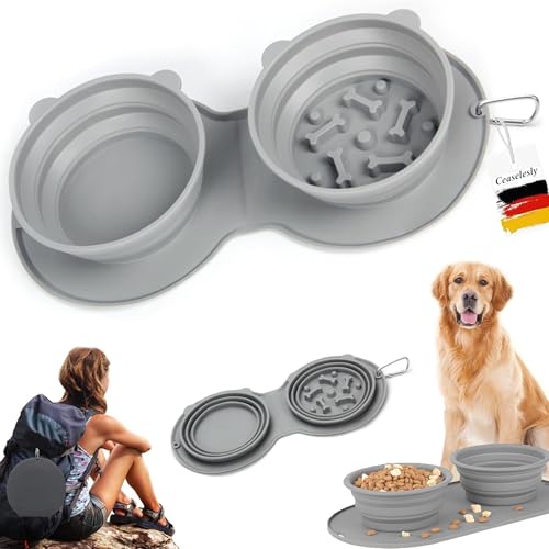 CEASELESLY Langsame FüTterung Hundenapf,Doppel Reisenapf Hund,Tragbar Silikon Hund Wasser Schüssel,100% lebensmittelechtes Silikon,No Spill Non-Skid Silicone Mat für kleine und große Hunde von CEASELESLY