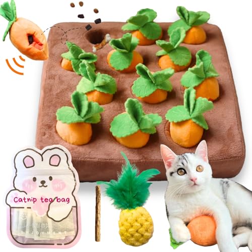 CECE PAW Karotten-Katzenminze-Spielzeug, Interaktives Feder-Katzenspielzeug für Indoor-Katzen, Katzen-Puzzle-Spielzeug für Langeweile und geistige Stimulation, 12 quietschende Karotten mit von CECE PAW