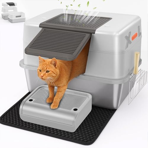 CEDBORR Edelstahl-Katzentoilette mit Deckel, groß, geschlossene hohe Seite, Metall-Katzentoilette mit Pedalen, geeignet für große Katzen, antihaftbeschichtet, geruchsfrei, leicht zu reinigen von CEDBORR