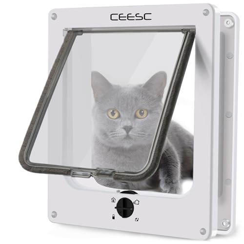 CEESC Große Katzenklappe, Magnetische Haustiertür mit 4-Wege-Drehverschluss für kleine Hunde und Katzen, Aktualisierte Version(L,Weiß) von CEESC
