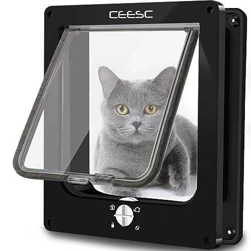CEESC Große Katzenklappe, magnetische Haustiertür mit 4-Wege-Drehverschluss für kleine Hunde und Katzen, Aktualisierte Version(L,schwarz) von CEESC