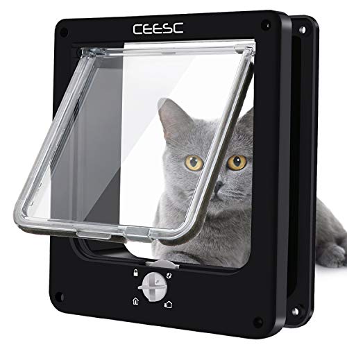 CEESC Katzenklappe, magnetische Haustiertür mit 4-Wege-Drehverschluss für kleine Hunde und Katzen, Aktualisierte Version(M,schwarz) von CEESC