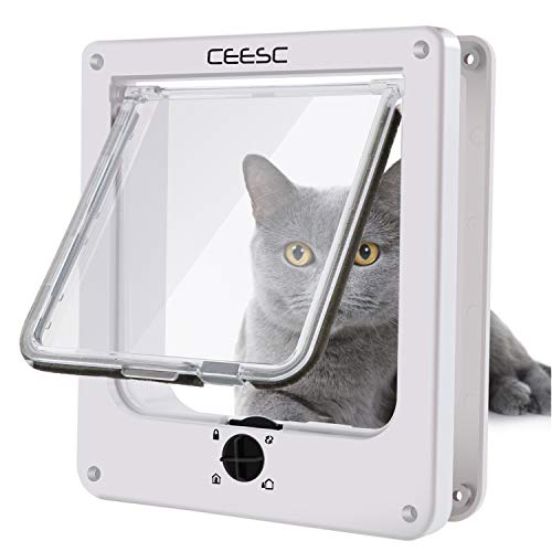 CEESC Katzenklappe, magnetische Haustiertür mit 4-Wege-Drehverschluss für kleine Hunde und Katzen, Aktualisierte Version(M,weiß) von CEESC
