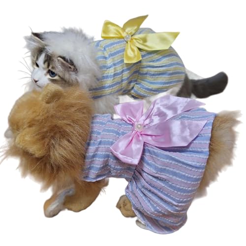 CELONROMF 2er-Pack Sommer-Hundekleidung für kleine Hunde und Katzen, atmungsaktive, ärmellose Kleider mit Schleife, leichte Polyester-Outfits für Chihuahua, Zwergspitz, Yorkie (Rosa Blau, Gelbblau von CELONROMF