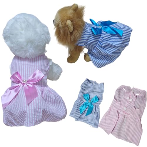 CELONROMF 2er-Pack Sommer-Hundekleidung für kleine Hunde und Katzen, atmungsaktive, ärmellose Kleider mit Schleife, leichte Polyester-Outfits für Chihuahua, Zwergspitz, Yorkie (Rosa Weiß, Blau, Weiß von CELONROMF