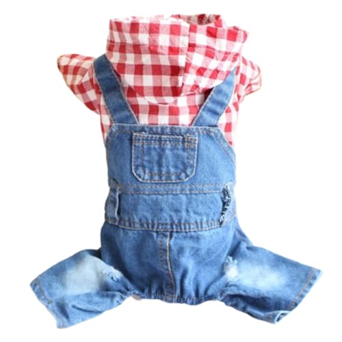 CELONROMF Denim-Kleidung für kleine und mittelgroße Hunde, Jungen, Mädchen, kariert, Haustier-Jeans, Overall, coole blaue Katzen-Hoodies, Vintage-Welpenjacke, Overall, Chihuahua, mit Kapuze von CELONROMF